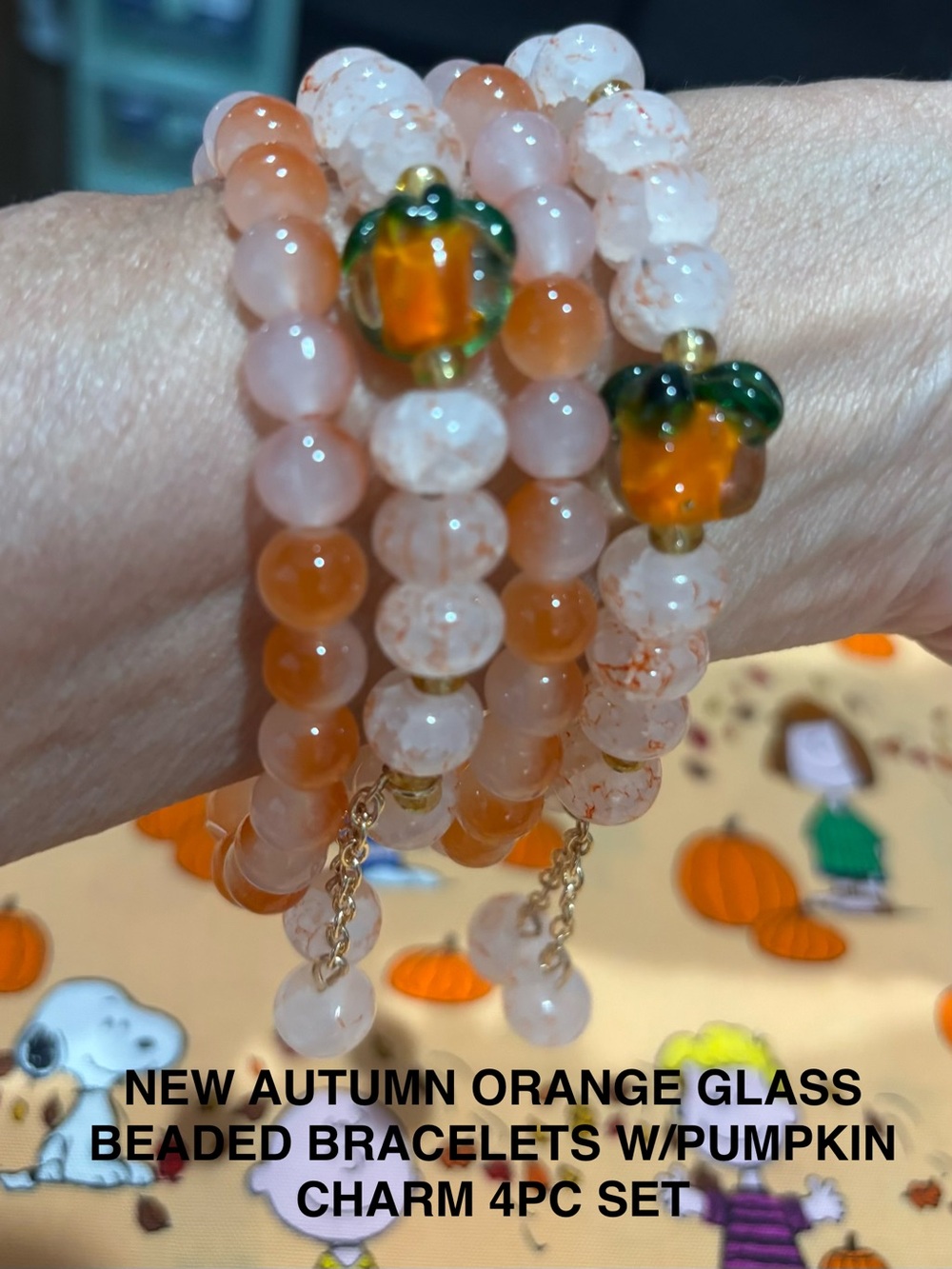New Autumn Orange Cracked Glass Bead Bracelet Set with Pumpkin Charms 4pc Set